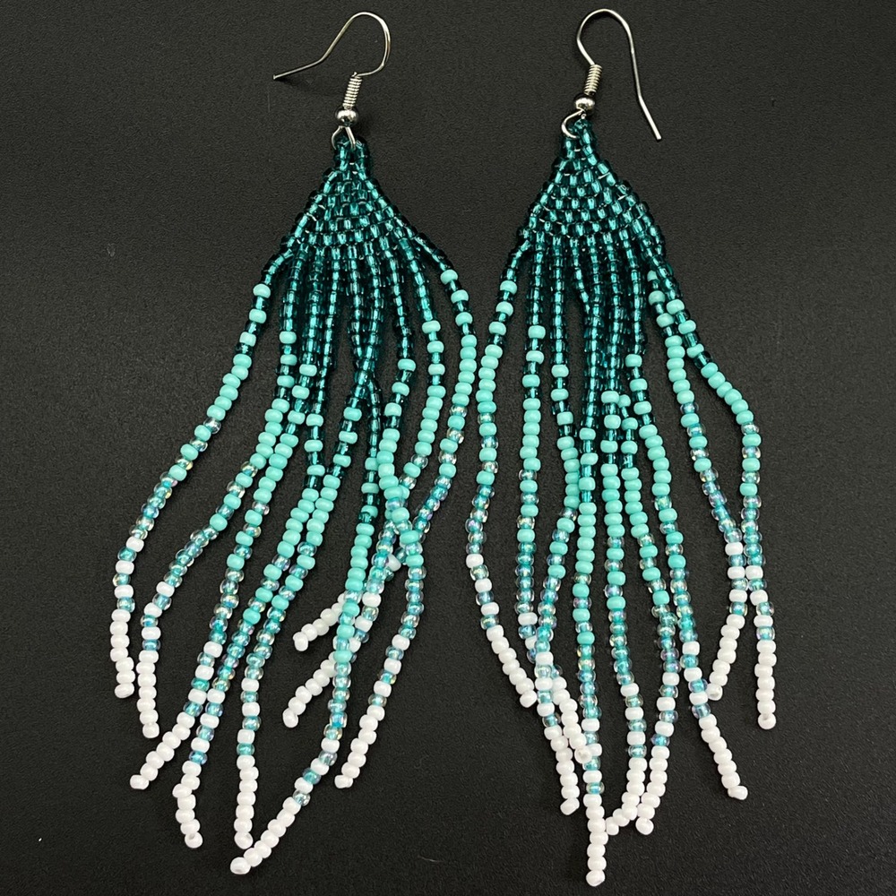 Vintage Beaded Fringe‎ Dangle Earrings Teal Ombre Boho Statement Drop 4" Western
